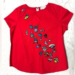 MIRA MIKATI Red Travel Around The World Vacation Patchwork Back Zip Top